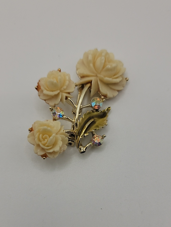 Vintage Jewelry - Vintage Carved Floral Cream Rose Brooch with Aurora Rhinestones